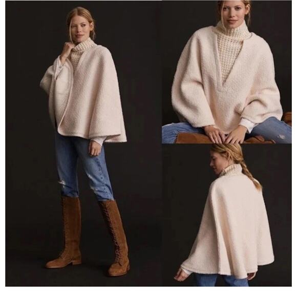 New ANTHROPOLOGIE Textured Sweater Poncho Wool Blend High Neck OS Cream $130 - Picture 1 of 16